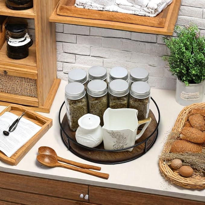 9 Inch Wood Lazy Susan Turntable for Table, Kitchen Rustic Brown Turntable Organizer with Steel Frame, 360 Degree Decorative Turntable for Countertop Cabinet or Centerpieces