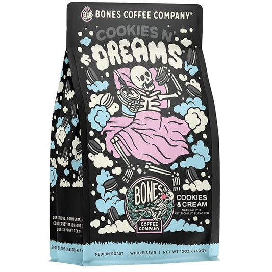Bones Coffee Company Cookies 'N Dreams Cookies and Cream Flavored Coffee, Medium Roast Low Acid Arabica Beans Compatible with Auto drip and French Press Coffee Maker, 12 Oz Whole Bean