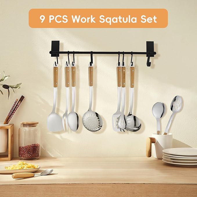 9pcs Cooking Utensils Set 304 Stainless Steel Kitchen Utensils with Wooden Hanlde Metal Kitchen Utensils Soup Ladle Set Dishwasher Safe Kitchen Essentials Set Kitchen Tool Set, Dishwasher Safe