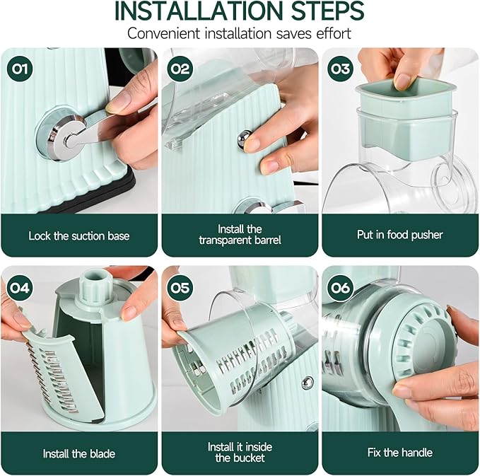 Rotary Cheese Grater, Vegetable Shredder 5 in 1 Cheese Grater with Handle edder Reinforced Suction,Easy to Clean,Kitchen Chopper for Crushed Ice,Fruits and Nuts with Blade Storage Case（Green）