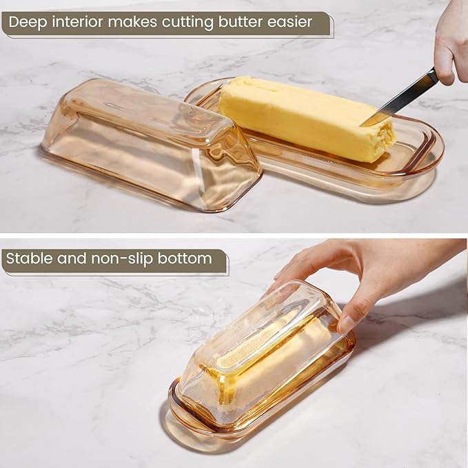 Glass Butter Dish Butter Keeper and Butter Holder for Fridge,Butter Dish with Lid for Countertop,Vintage Container for Counter,Butter Tray on Counter (Amber-7)