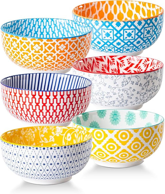 Ceramic Soup Bowls Set - 23 Oz Deep Cereal Bowl for kitchen - 6 Inch Porcelain Salad Bowl for Pasta, Dessert, Ramen - Microwave Dishwasher Safe - Set of 6 - Assorted Colors