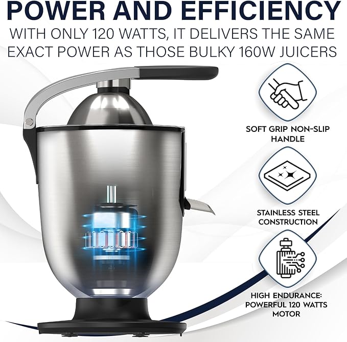 Eurolux Premium Electric Orange Juicer | Stainless Steel Citrus Squeezer With New Ultra-Powerful Motor and Soft Grip Handle for Effortless Juicing, Auto Shutoff, Dishwasher-safe Parts, Pulp Control