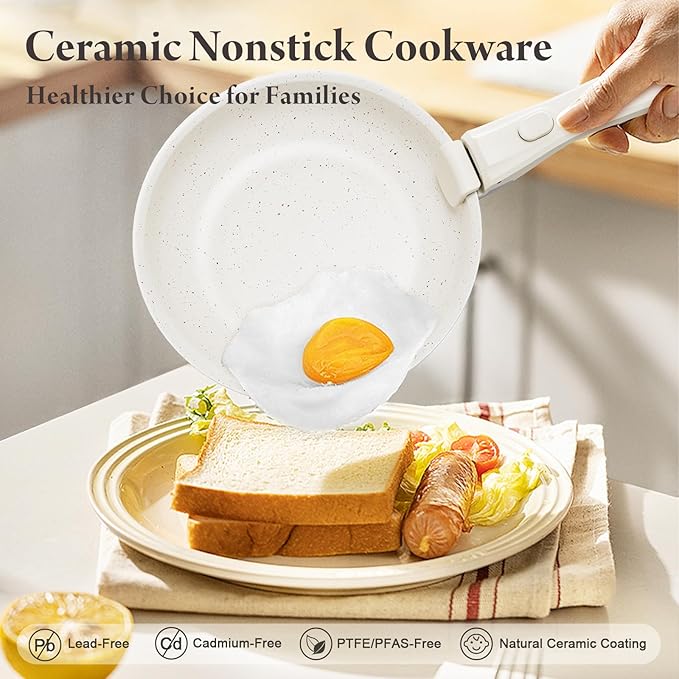 22-Piece Pots and Pans Set Non Stick with Removable Handles, Ceramic Cookware Set, Large-Capacity & Non Toxic, Induction & RV Compatible, Dishwasher Safe, PFAS/PTFE/PFOA Free, White