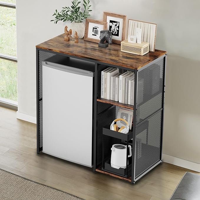 3-Tier Mini Fridge Cabinet with Storage, Industrial Style Kitchen Microwave Stand Baker Rack, Utility Storage Shelf with Mini Fridge Space for Home Kitchen Dorm, Vintage Wood