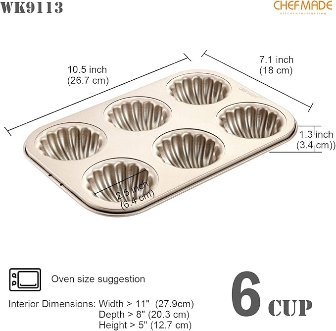 CHEFMADE Madeleine Mold Cake Pan, 6-Cavity Non-Stick Spherical Shell Madeline Bakeware for Oven Baking (Champagne Gold)