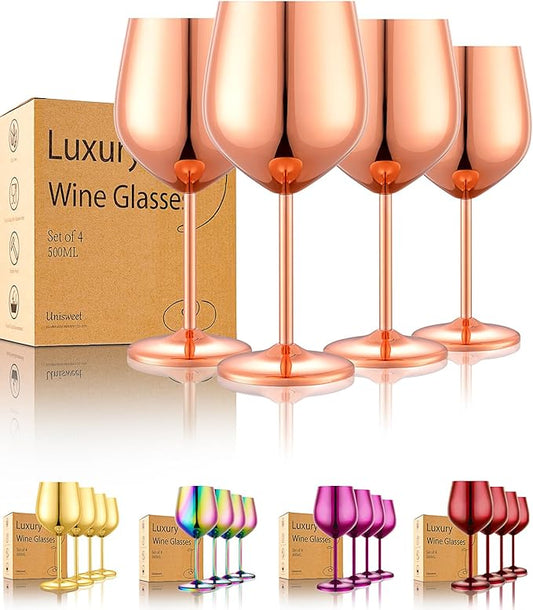 Stainless Steel Wine Glasses Set of 4 Unbreakable Wine Glass 18 oz Unique Metal Wine Goblets for Outdoor, Travel, Camping, Pool, Ideal Gift for Wine Lovers (Mirror-Rose Gold)