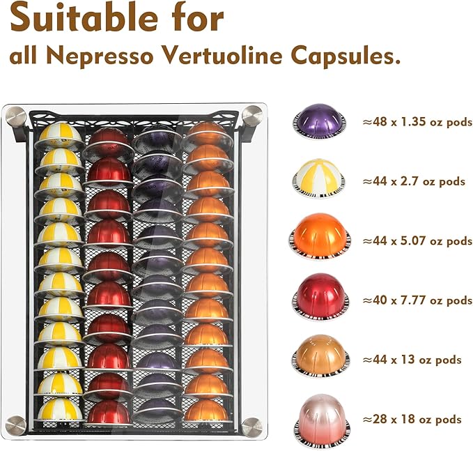 RECAPS Crystal Tempered Glass Coffee Pod Drawer Organizer Compatible with Nespresso Vertuo, Hold up to 50 Small or 40 Big Vertuo Pods or 26 K-cup Pod,Sliding K Cup Drawer for Countertop