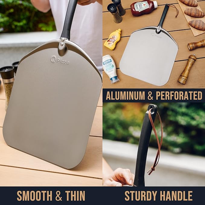 Q Pizza Aluminium Pizza Peel 14 inch, Extra Large Metal Pizza Turning Paddle, Non-stick Pizza Spatula for Grill Oven Baking Bread Pastry Dough Pie Cake, PT205