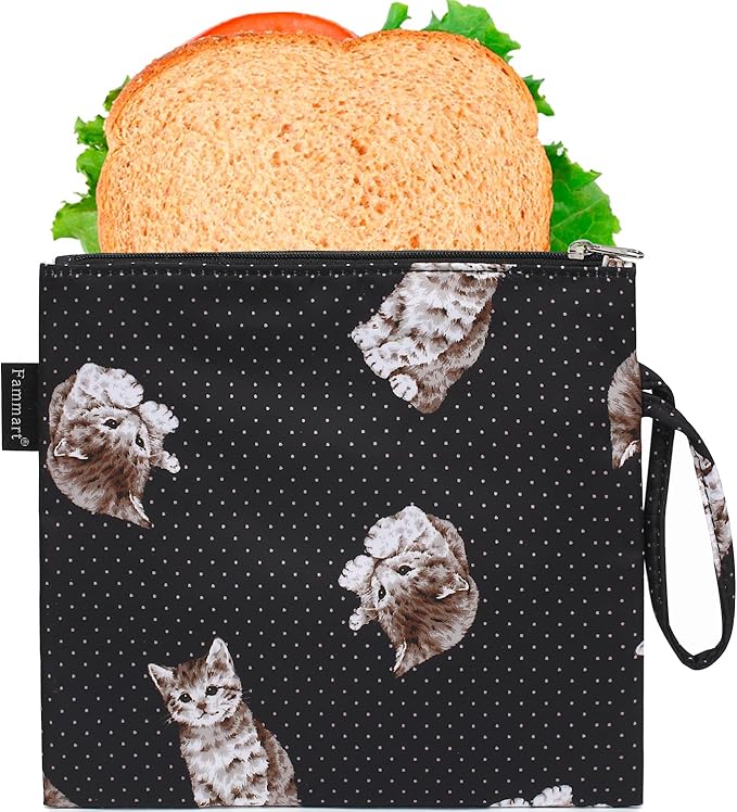 Reusable Sandwich Bag/Snack Bag for Kids & Adults, Dual Layer Lunch Bag with Handle, Washable, Food Safe, BPA Free (1-Pack, Dot&Cat)