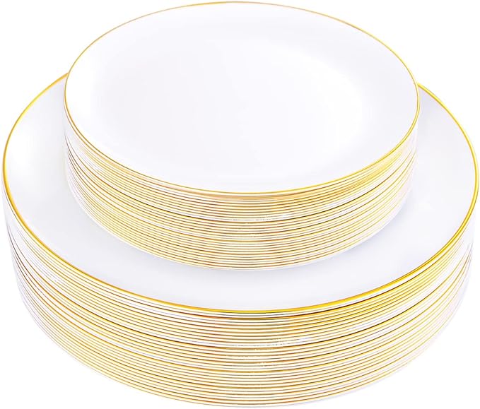 KIRE 60PCS Gold Plastic Plates - Heavy Duty White Disposable Plates with Gold Rim for Party/Wedding- Include 30Pieces 10.25inch Dinner Plate and 30Pcs 7.5inch Dessert Plate