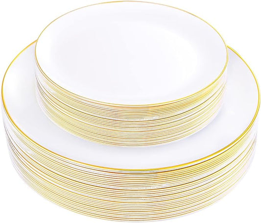 KIRE 60PCS Gold Plastic Plates - Heavy Duty White Disposable Plates with Gold Rim for Party/Wedding- Include 30Pieces 10.25inch Dinner Plate and 30Pcs 7.5inch Dessert Plate