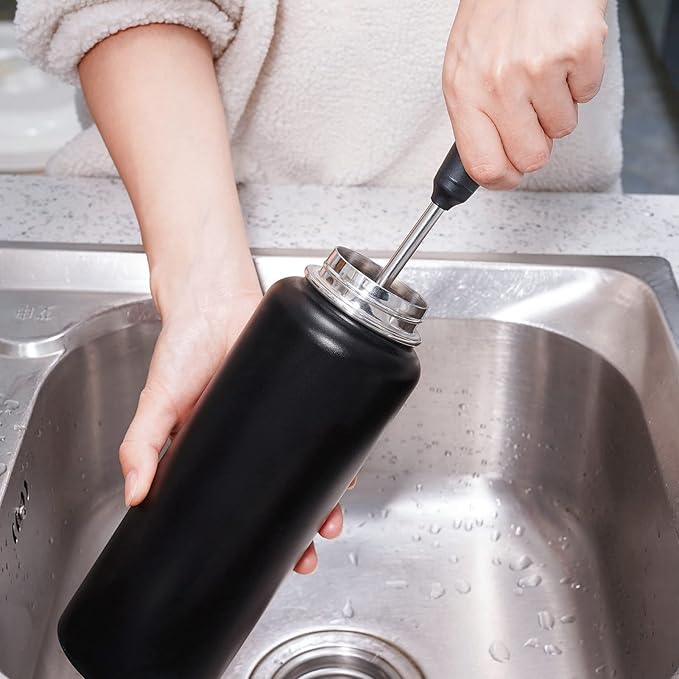 Water Bottle Cleaning Brush with 2 Replaceable Heads, Compatible with Sport Bottles, Tumblers, Mugs, Wine Decanters, Glassware, Round, 1 Pack (13 in)