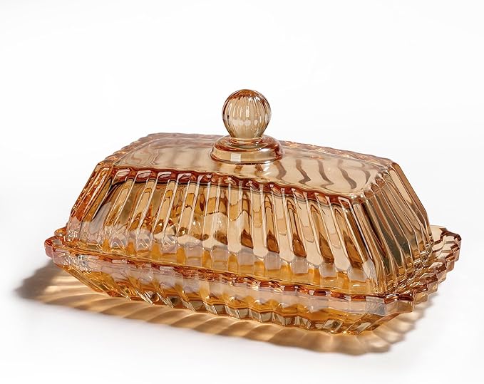 Glass Butter Dish with Cover for Countertop Amber Vintage Crystal Butter Dish with lid for Counter,Covered Glass Butter Holder Keeper Butter Tray for Refrigerator,Butter Container with 4oz Butter