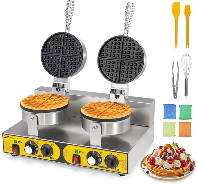 Dyna-Living Commercial Waffle Maker Double Head Waffle Maker, 2400W Non-Stick Commercial Waffle Iron Stainless Steel Waffle Machine for Restaurants, Large Waffle Machine Commercial