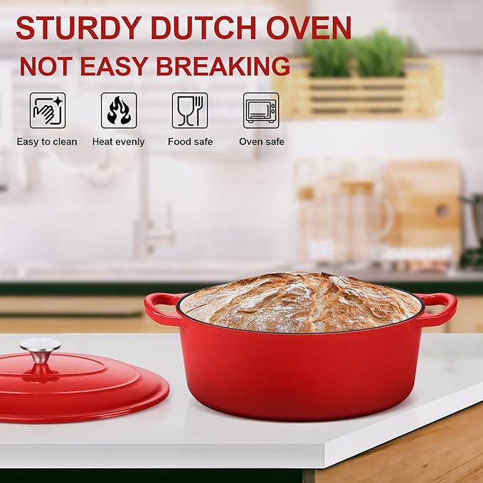 E-far 5QT Oval Dutch Oven Pot with Lid, Enameled Cast Iron Dutch Oven with Dual Handles for Sourdough Bread Baking Cooking, Nonstick Enamel Coated Cookware(Red), Non-Toxic & Easy Clean