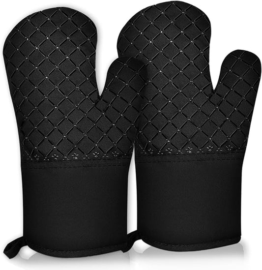 2 Pcs Oven Mitts Heat Resistant for Kitchen, Kitchen Oven Gloves, Long Oven Mitts and Pot holder with Non-Slip Silicone Stripe and Soft Cotton Lining, Silicone Oven Mitts for Cooking Baking BBQ Gloves