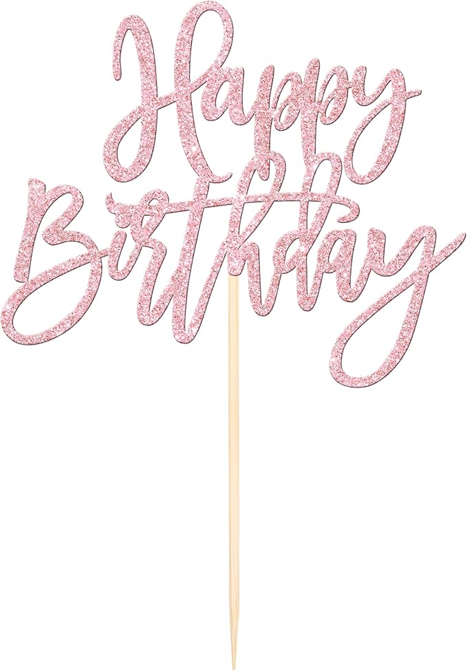 1 PCS Happy Birthday Cake Topper Glitter Cake Pick for Celebrating Anniversary Theme Party Cake Decorations Supplies Light Pink