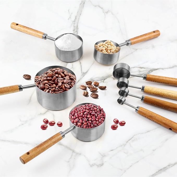 Measuring Cups and Spoons Set，Measuring Cup Set with Wooden Handle and Metric and US Measurements，Silver Polished Finish，for Cooking and Baking in The Kitchen (8 Piece)