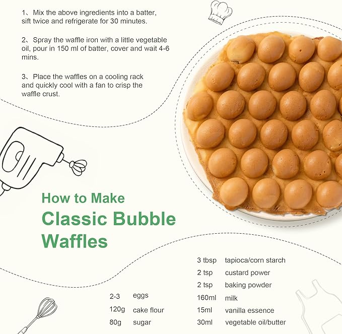 Bubble Waffle Maker, 1000W 7" Non-Stick Griddle, Hong Kong Egg Waffle Maker, Perfect for Creative Ice Cream Desserts