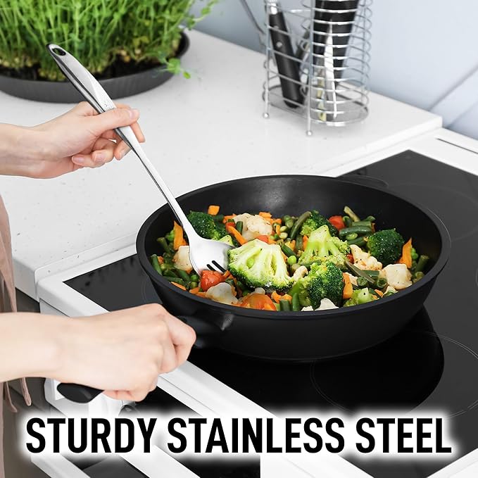 Zulay Kitchen Stainless Steel Slotted Spoon - Large Cooking Spoon - Durable Premium Stainless Steel with Comfortable, Ergonomic Handle - Easy to Clean - Perfect for At Home Cooking & Buffets - 15”