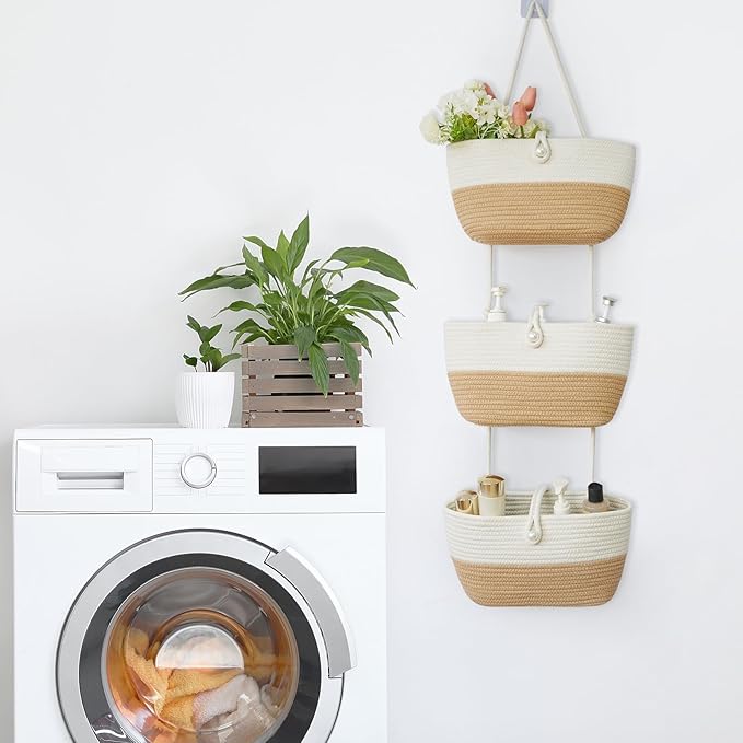 TeoKJ 3-Tier Hanging Baskets for Storage with Pearl Button Strap, Cotton Rope Over the Door Organizer, Wall-Mounted with Hook Decorative Hanging Kitchen Baskets, White & Jute