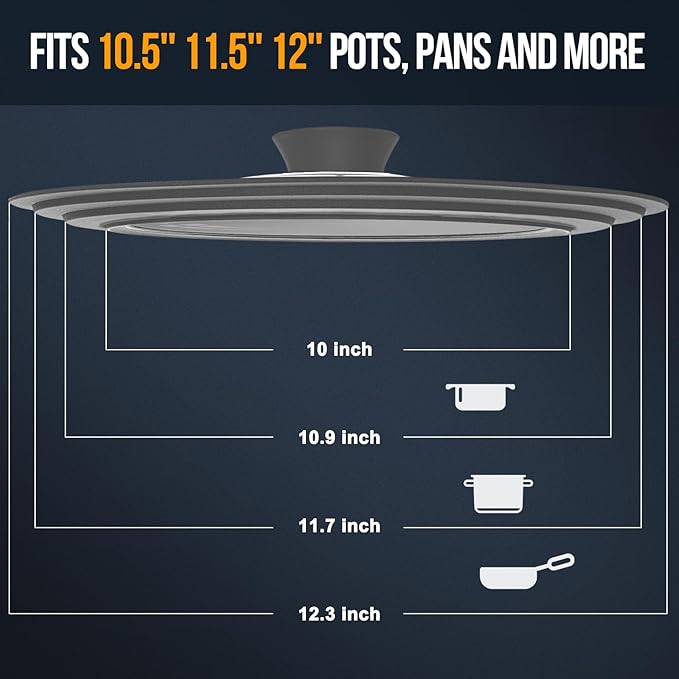 Walfos Universal Lid for 10.5", 11.5" and 12" Diameter Cookware, Fits Pots, Pans and Skillets - Walfos Tempered Glass Pan Lid with Heat Resistant Silicone Rim, BPA Free Pot Lids, Dishwasher-Safe, Gray