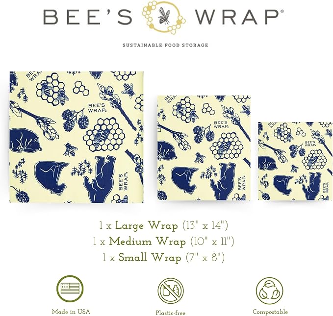 Bee's Wrap Beeswax Wraps for Food - Bees + Bears 3 Pack (S, M, L) Made in USA Reusable & Organic Food Wraps, Sandwich Wrap & Bowl Covers - Eco-Friendly Alternative to Aluminum Foil & Plastic Wrap