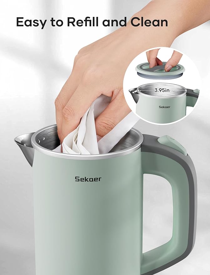 Sekaer Small Electric Tea Kettle Stainless Steel 0.8L Portable Travel Hot Water Boiler, Mini Electric Coffee Kettle with Auto Shut-Off & Boil Dry Protection, Cordless Base & Green