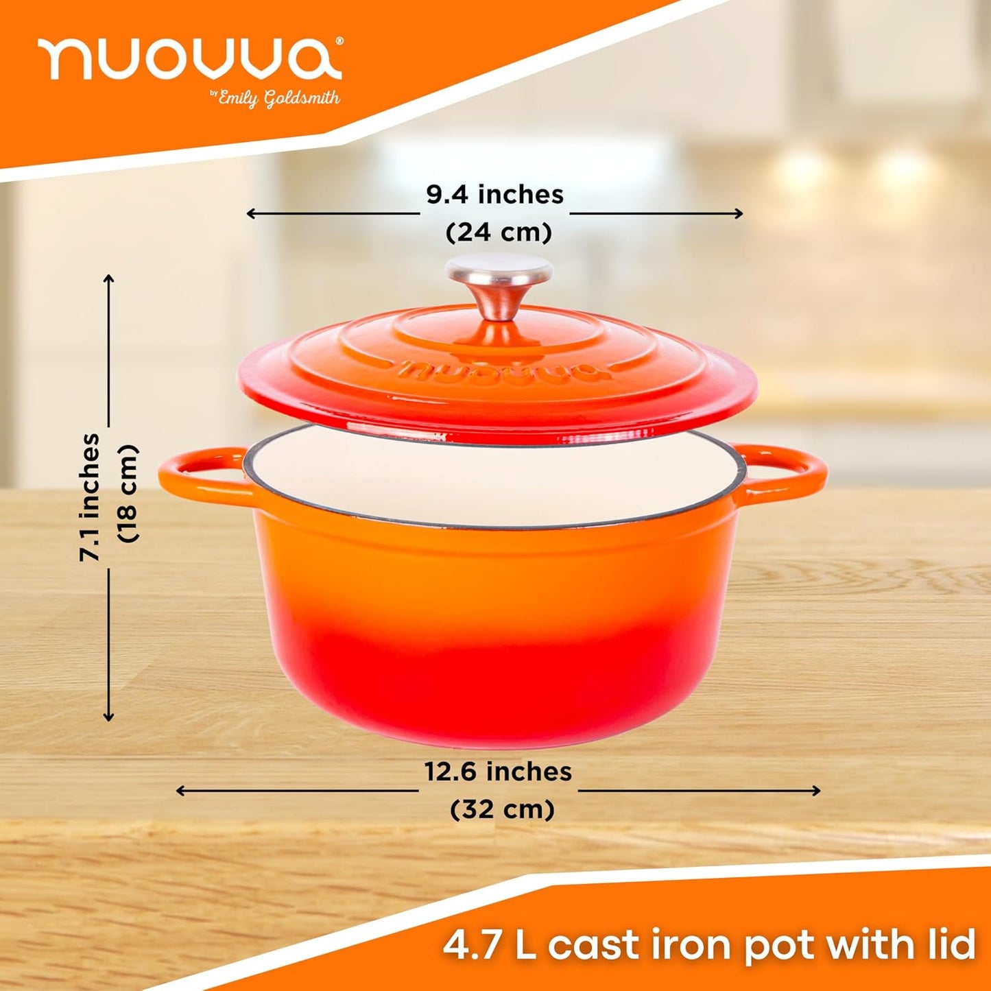 Cast Iron Pot with Lid – Non-Stick Ovenproof Enamelled Casserole Pot, Oven Safe up to 500° F – Sturdy Dutch Oven Cookware – Orange, 5-Quart, 24cm – by Nuovva