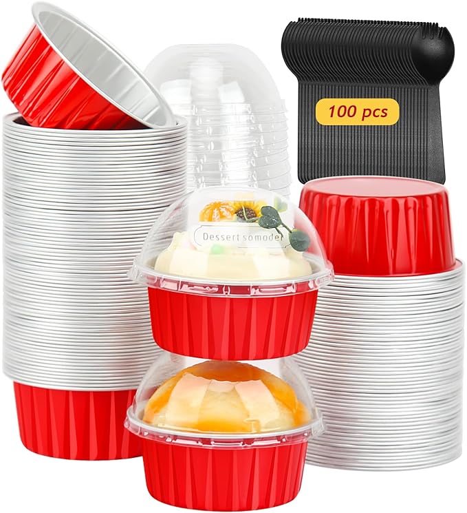 5oz Cupcake Pans Muffin Tins 100 Pack,LNYZQUS Aluminum Foil Mini Cake Baking Cups with Dome Lids,Disposable Ramekins Cupcake Liners,Small Cake Mini Pie Baking Pan for Christmas -Red