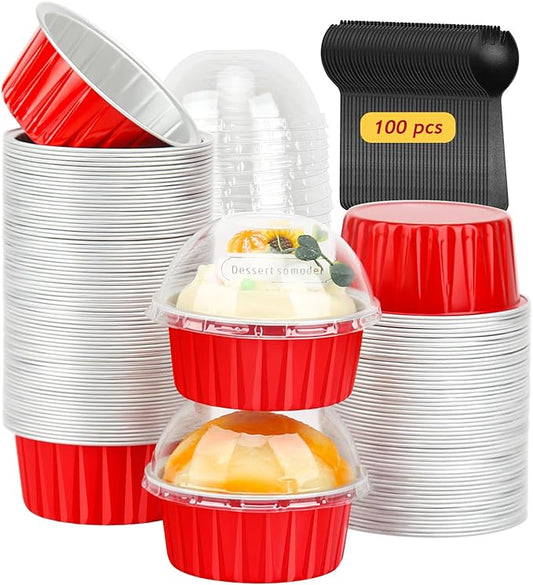 5oz Cupcake Pans Muffin Tins 100 Pack,LNYZQUS Aluminum Foil Mini Cake Baking Cups with Dome Lids,Disposable Ramekins Cupcake Liners,Small Cake Mini Pie Baking Pan for Christmas -Red