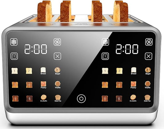 4 Slice Toaster– Dual Digital Smart TouchScreen & Independent Control Panel | Single-Slot Tech, Timer/Reheat/Defrost for Bagels, Bread | 1800W Stainless Steel, 6 Toast Types & Shade Settings