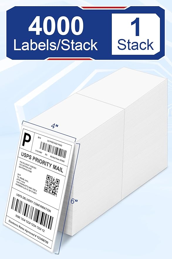 Bulk 4x6 Thermal Labels - 4000 Adhesive Labels | Smudge-Resistant & BPA-Free | Thermal Printer Compatible