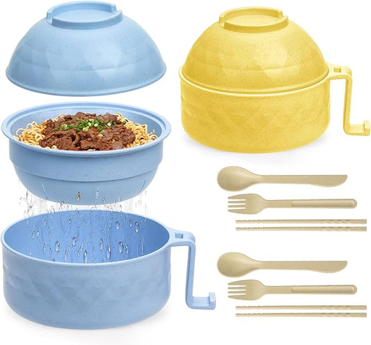 2 Sets Microwave Ramen Cooker,33 oz Ramen Bowl Set,Microwave Noodle Bowl,Ramen Bowl With Chopsticks and Spoon, College Dorm Room Essentials, Apartment Essentials, BPA-Free (blue yellow)
