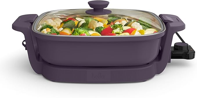 bella Make & Take Electric Skillet, Fits-anywhere™ kitchenware, EverGood™ Ceramic Coating, Adjustable Temperature & Dishwasher-Safe Tempered Glass Lid, Cast Aluminum Base, 1200 Watt, Plum
