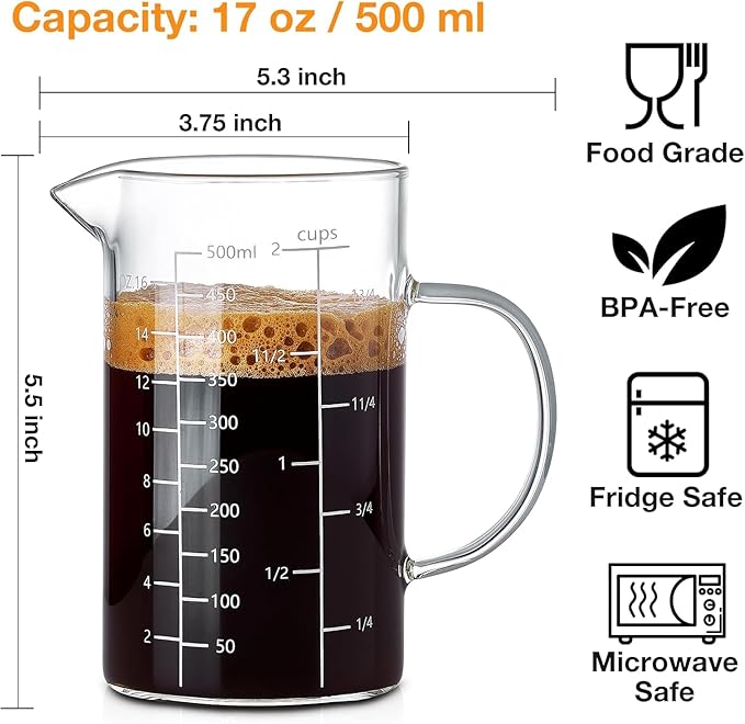 BCnmviku 500ML 2 CUP Glass Measuring Cup With Handle, High Borosilicate Glass Three Scales (OZ, Cup, ML/CC for Kitchen or Restaurant Easy To Read