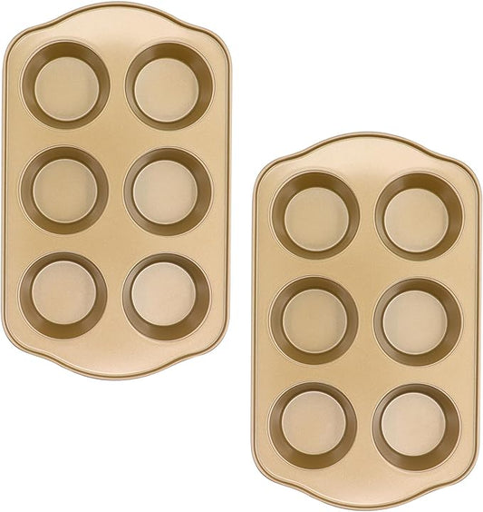 Nonstick 6 Cup Standard Muffin Pan, Cupcake Pan Set, Muffin Tins for Oven, 2 Pack, Gold