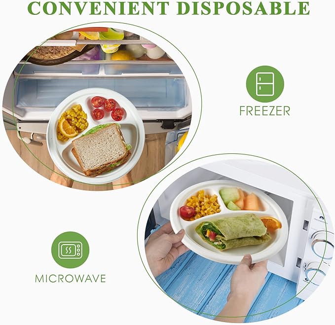 Vplus 100% Compostable Paper Plates, 150 Pack 9 Inch 3 Compartment Plates Disposable, Heavy Duty Biodegradable Plates Made of Sugar Cane Fibers, for Daily meals, Dinner, Parties, BBQ