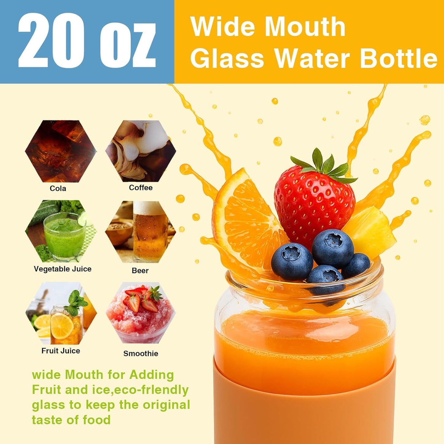 Tronco 20oz Borosilicate Glass Water Bottle with Bamboo Lid, Non-Slip Silicone Sleeve, Leak-Proof and Reusable Glass Bottle Perfect for gifts,Travel, Gym, and Everyday Use, BPA-Free, Dishwasher Safe