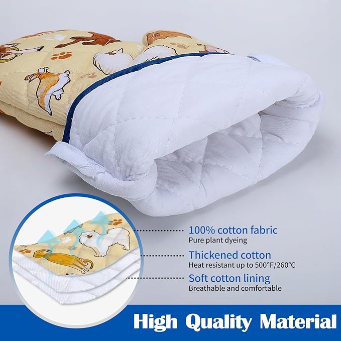 Dogs Oven Mitts and Pot Holders Sets 100% Cotton Heat Resistant, Extra Long Oven Gloves Potholder for Kitchen Cooking Baking Housewarming