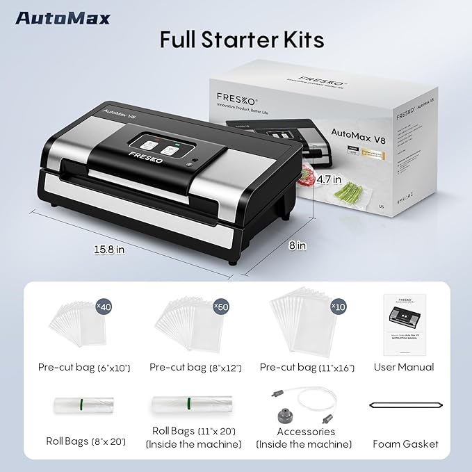 Fully Automatic Vacuum Sealer, 95Kpa Powerful Food Vacuum Sealer Machine, Auto Dry-Wet Detection | Bag Cutter | 2 Rolls Bags & 100 Pcs Precut Bags | Effortless Operation, Silver - Black