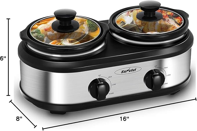 Sunvivi Dual Pot Slow Cooker, 2 Pot Small Mini Crock Buffet Server and Warmer, Upgraded Oval Ceramic Double Pot Buffet Food Warmer Adjustable Temp Glass Lid, Total 2.5 Quarts