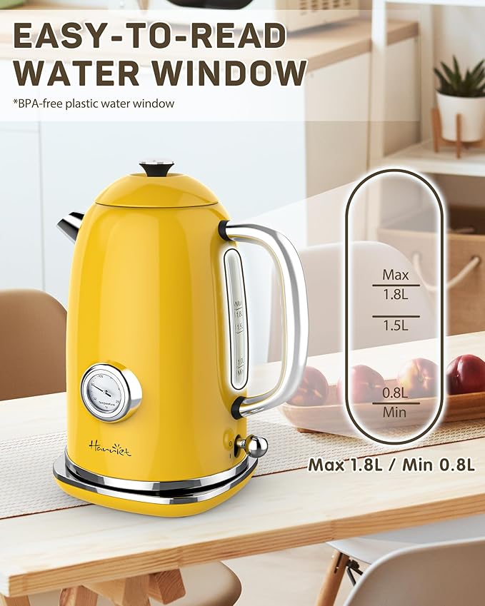 Harriet Electric Kettle, 1.8L Retro Electric Tea Kettle with Thermometer, 1500W Stainless Steel Hot Water Kettle Electric with LED Indicator, Fast Boiling, Cordless, Auto Shut-Off, Yellow