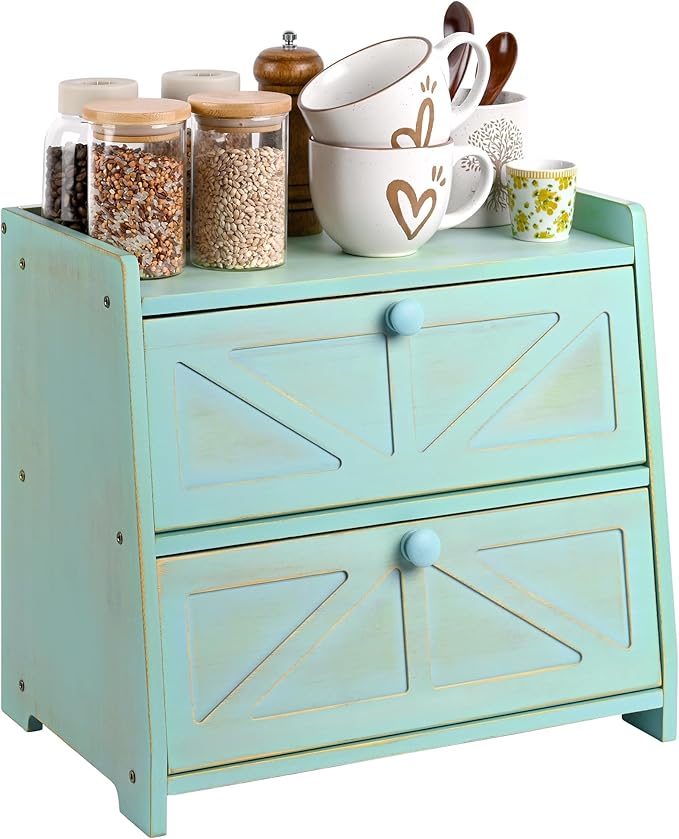 Vintage Double Layer Bread Box for Kitchen Countertop, Bamboo Bread Storage Container, Breadbox for Homemade Bread, Large Capacity Bread Bin(Green)