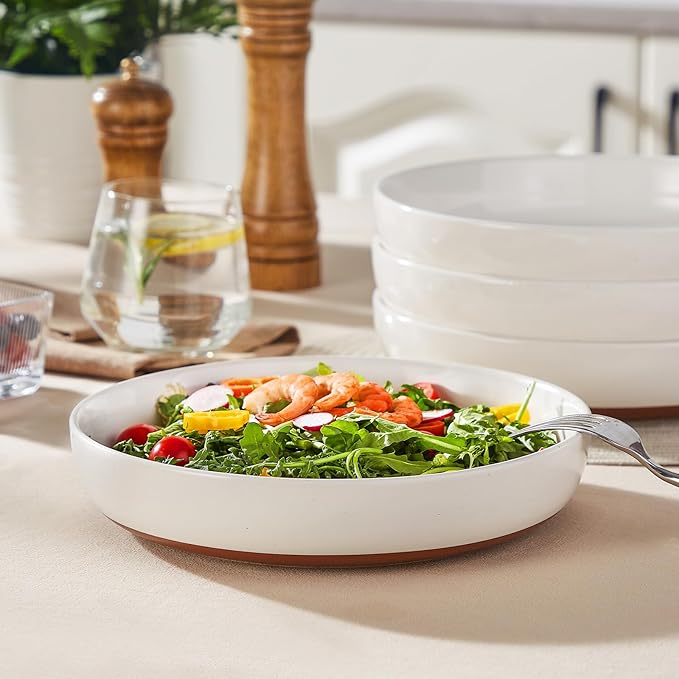 MALACASA 48 OZ Pasta Bowls Set of 4, Large Salad Serving Bowls for Kitchen, Ceramic Soup Bowls Pasta Plates for Dinner, Microwave Dishwasher Safe, Khaki White,Series TARA