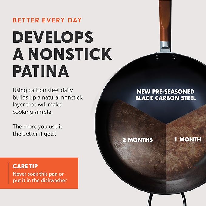 GreenPan Carbon Steel Wok 12”, Flat Bottom, Durable Stir-Fry Pan, Pre-Seasoned Nonstick Patina, High Heat Retention, Induction, Ash Wood Handle, Kyoto, Black