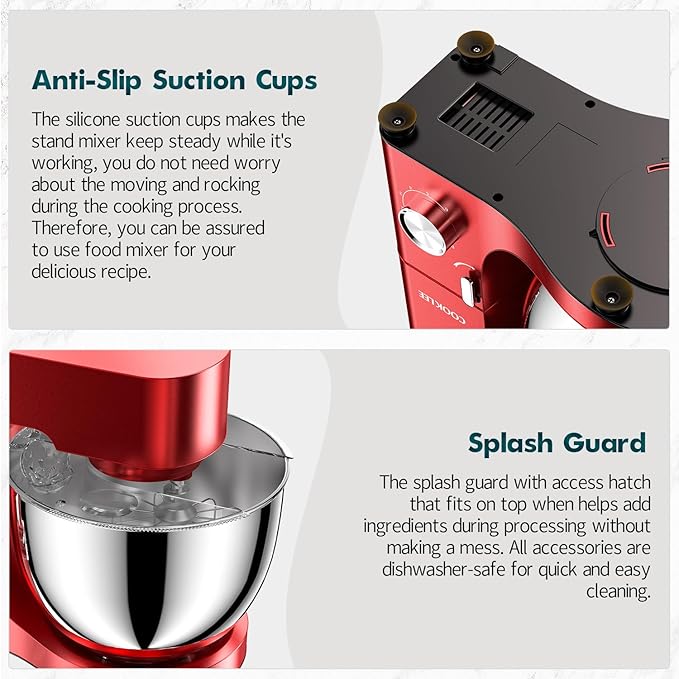 COOKLEE Stand Mixer, 9.5 Qt. 660W Electric Kitchen Mixer with Dishwasher-Safe Dough Hooks, Flat Beaters, Wire Whip & Pouring Shield Attachments for Most Home Cooks, Red