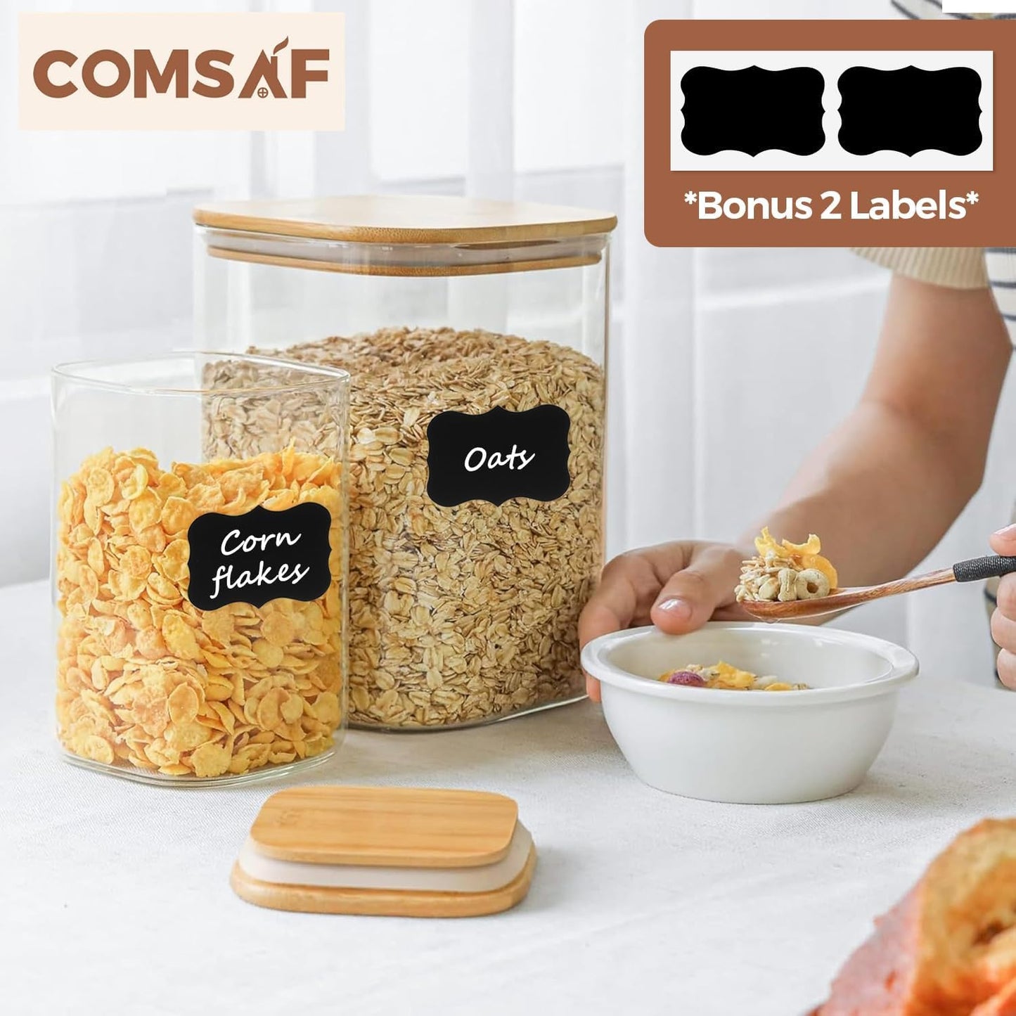 ComSaf Glass Food Storage Containers, 115/37 oz Glass Flour and Sugar Containers with Airtight Lids, Large Square Glass Jars with Bamboo Lids for Rice, Pasta, Oats, Grains, Cookies, Snacks, Candy