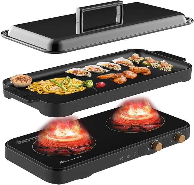 Induction cooker with 2 burners, detachable baking tray, non stick, temperature control option with timer, suitable for kitchen and outdoor barbecue